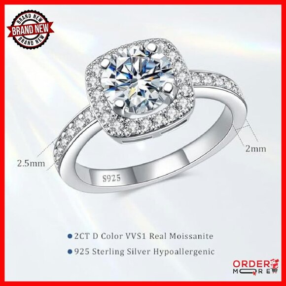 2CT Moissanite Halo Promise Ring Sterling Silver Size 7 - Picture 3 of 8